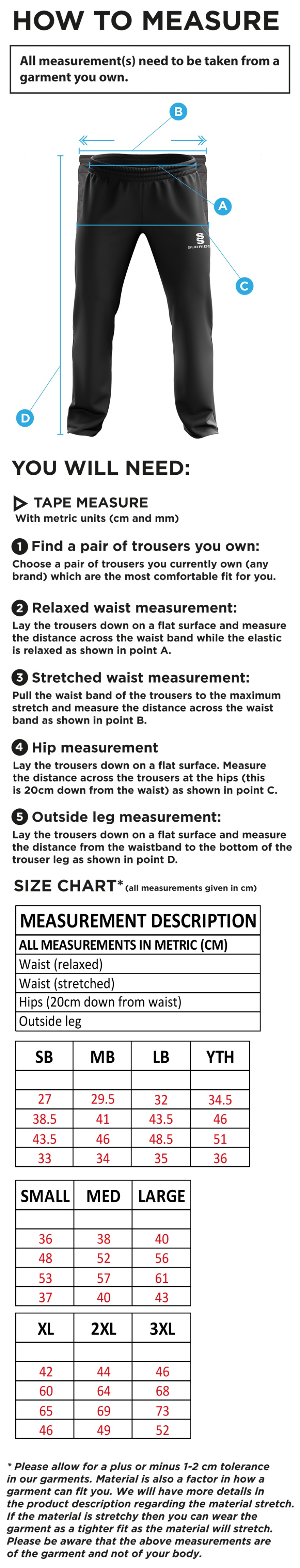 Haberdashers’ Co - Rip Stop Track Pant : Navy - Size Guide