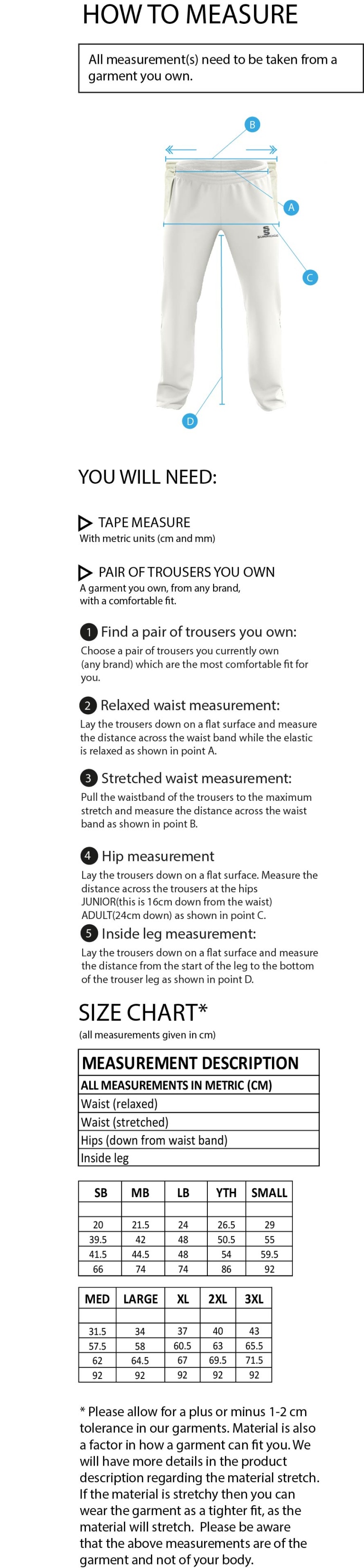 Haberdashers’ Co - Standard Playing Pant - Size Guide