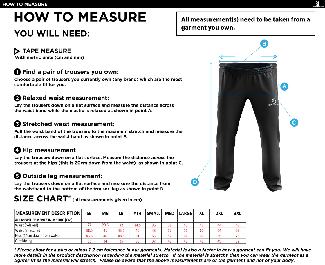 Haberdashers’ Co - Rip Stop Track Pant : Navy - Size Guide