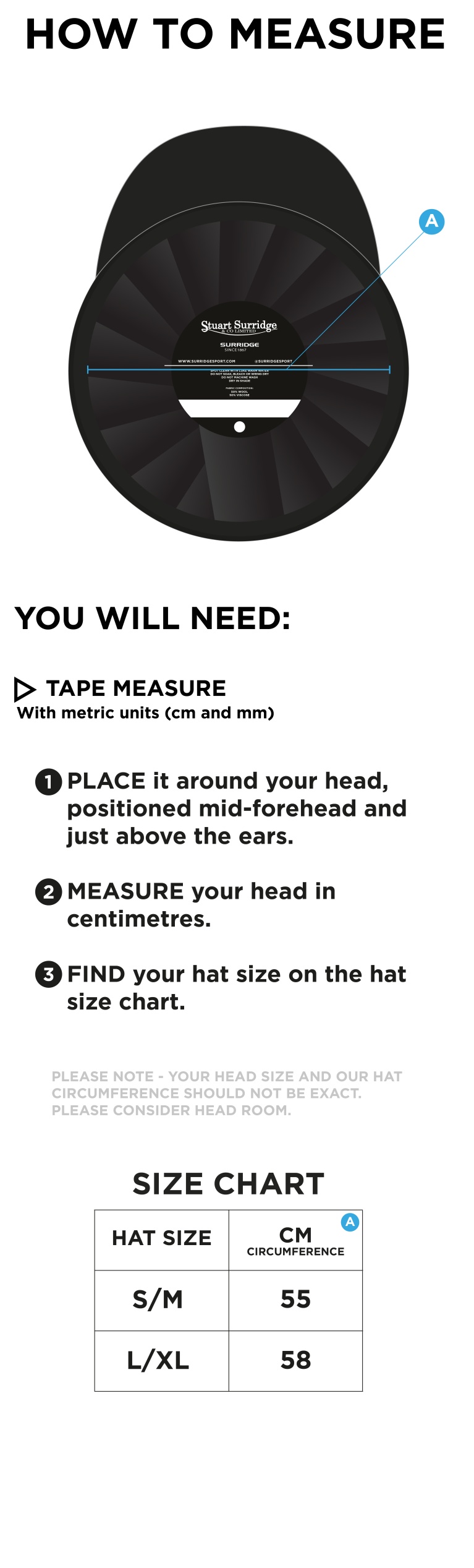 Haberdashers’ Co - Baggy Cricket Cap - Navy - Size Guide