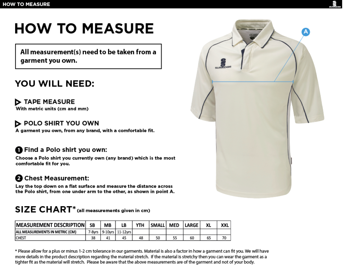 Haberdashers’ Co - Premier Cricket Shirt - Short Sleeve - Size Guide