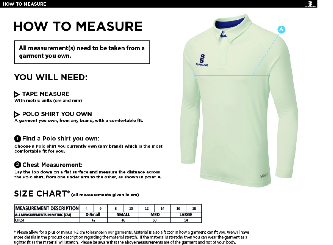 Haberdashers’ Co - DUAL LONG SLEEVE CRICKET SHIRT - Womens - Size Guide